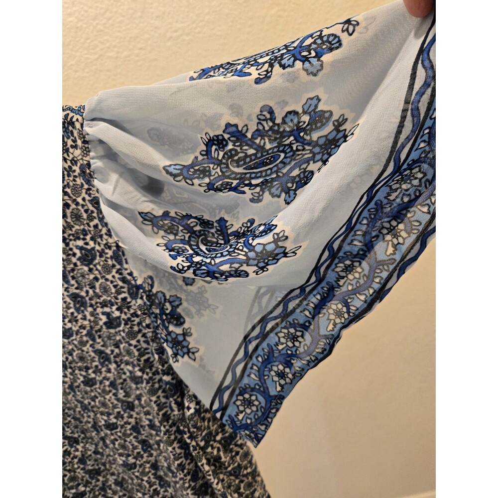 Lucky Brand Blouse Navy Blue Geo Boho Paisley Print Short Sleeve Top Women's M - Picture 5 of 11